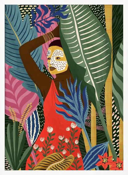 A vibrant, stylized illustration of a dark-skinned woman with a yellow and white patterned face mask, standing amidst a lush jungle. She wears a bright red dress and is surrounded by large, colorful tropical leaves in shades of green, blue, and pink. Artwork