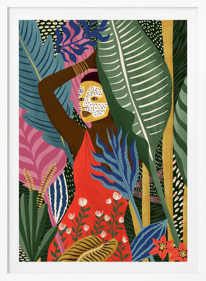 A vibrant, stylized illustration of a dark-skinned woman with a yellow and white patterned face mask, standing amidst a lush jungle. She wears a bright red dress and is surrounded by large, colorful tropical leaves in shades of green, blue, and pink. Artwork
