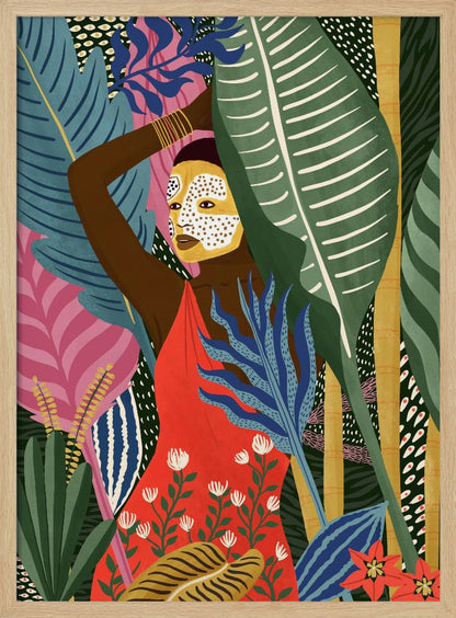A vibrant, stylized illustration of a dark-skinned woman with a yellow and white patterned face mask, standing amidst a lush jungle. She wears a bright red dress and is surrounded by large, colorful tropical leaves in shades of green, blue, and pink. Artwork