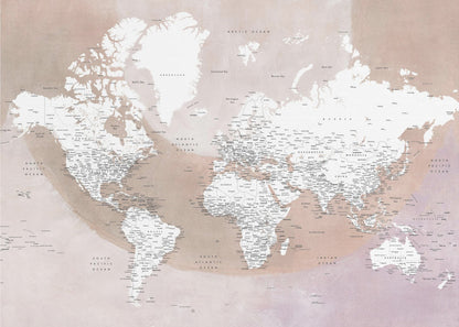 A modern world map in a silver frame, featuring white continents and dusty pink oceans. The map is detailed with black typography for countries, cities, and oceans. Print