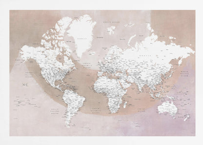 A modern world map in a silver frame, featuring white continents and dusty pink oceans. The map is detailed with black typography for countries, cities, and oceans. Print