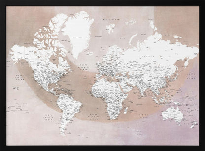 A modern world map in a silver frame, featuring white continents and dusty pink oceans. The map is detailed with black typography for countries, cities, and oceans. Print