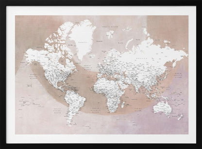 A modern world map in a silver frame, featuring white continents and dusty pink oceans. The map is detailed with black typography for countries, cities, and oceans. Print