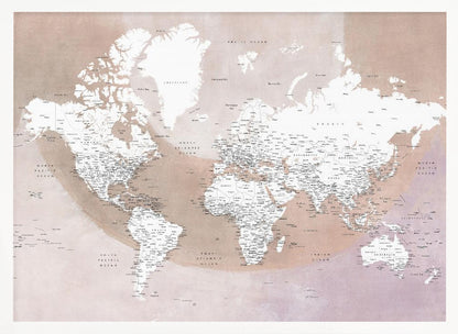 A modern world map in a silver frame, featuring white continents and dusty pink oceans. The map is detailed with black typography for countries, cities, and oceans. Print