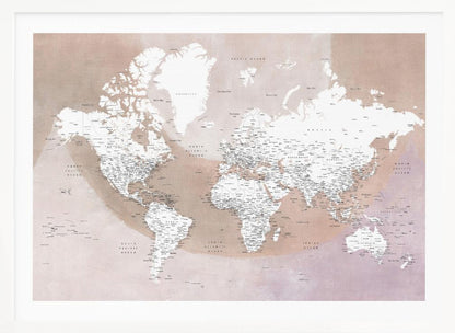A modern world map in a silver frame, featuring white continents and dusty pink oceans. The map is detailed with black typography for countries, cities, and oceans. Print