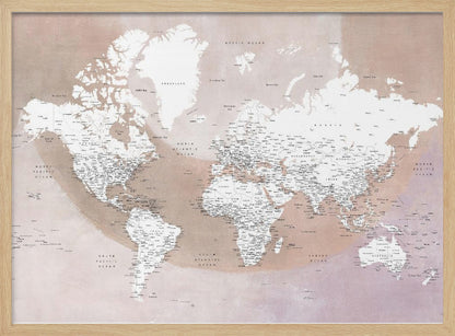 A modern world map in a silver frame, featuring white continents and dusty pink oceans. The map is detailed with black typography for countries, cities, and oceans. Print