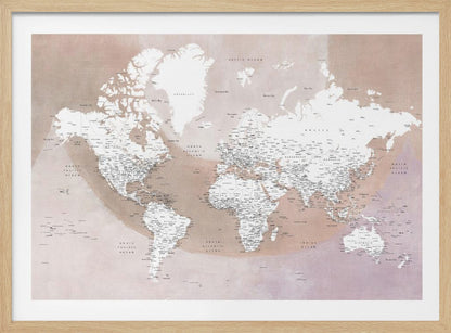 A modern world map in a silver frame, featuring white continents and dusty pink oceans. The map is detailed with black typography for countries, cities, and oceans. Print