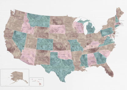 A stylized map of the United States in a silver frame. The states are colored with a marbled texture in alternating shades of muted brown, dusty pink, and teal. Each state is labeled, and the words 'UNITED STATES' are spaced across the country. Insets for Alaska and Hawaii are in the bottom left corner. Artwork