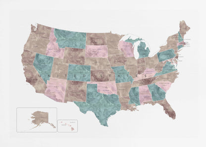 A stylized map of the United States in a silver frame. The states are colored with a marbled texture in alternating shades of muted brown, dusty pink, and teal. Each state is labeled, and the words 'UNITED STATES' are spaced across the country. Insets for Alaska and Hawaii are in the bottom left corner. Artwork