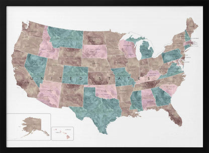 A stylized map of the United States in a silver frame. The states are colored with a marbled texture in alternating shades of muted brown, dusty pink, and teal. Each state is labeled, and the words 'UNITED STATES' are spaced across the country. Insets for Alaska and Hawaii are in the bottom left corner. Artwork