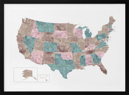 A stylized map of the United States in a silver frame. The states are colored with a marbled texture in alternating shades of muted brown, dusty pink, and teal. Each state is labeled, and the words 'UNITED STATES' are spaced across the country. Insets for Alaska and Hawaii are in the bottom left corner. Artwork