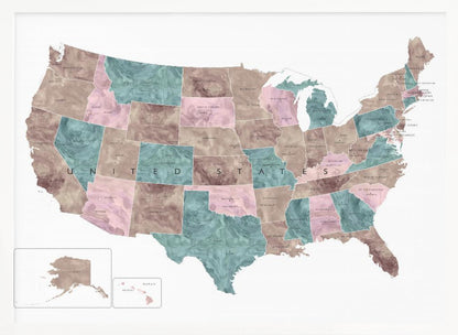 A stylized map of the United States in a silver frame. The states are colored with a marbled texture in alternating shades of muted brown, dusty pink, and teal. Each state is labeled, and the words 'UNITED STATES' are spaced across the country. Insets for Alaska and Hawaii are in the bottom left corner. Artwork