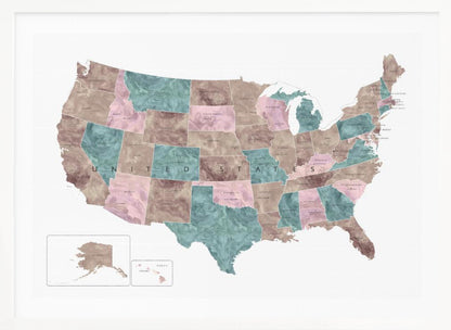 A stylized map of the United States in a silver frame. The states are colored with a marbled texture in alternating shades of muted brown, dusty pink, and teal. Each state is labeled, and the words 'UNITED STATES' are spaced across the country. Insets for Alaska and Hawaii are in the bottom left corner. Artwork