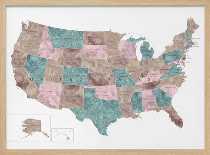 A stylized map of the United States in a silver frame. The states are colored with a marbled texture in alternating shades of muted brown, dusty pink, and teal. Each state is labeled, and the words 'UNITED STATES' are spaced across the country. Insets for Alaska and Hawaii are in the bottom left corner. Artwork