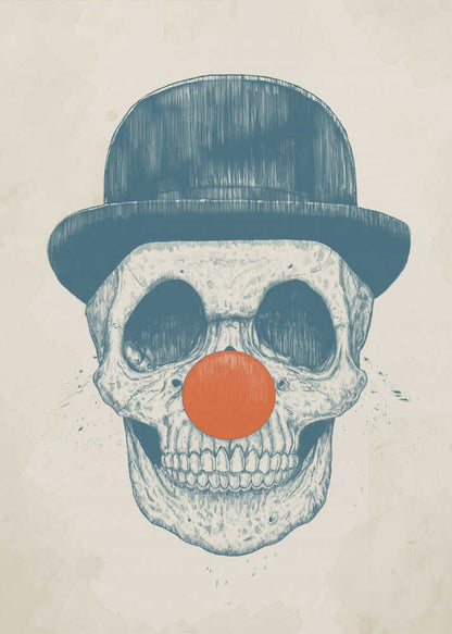 An illustration of a human skull wearing a blue bowler hat and a bright orange clown nose, rendered in a blue sketch style against a cream-colored, textured background. Wall Art