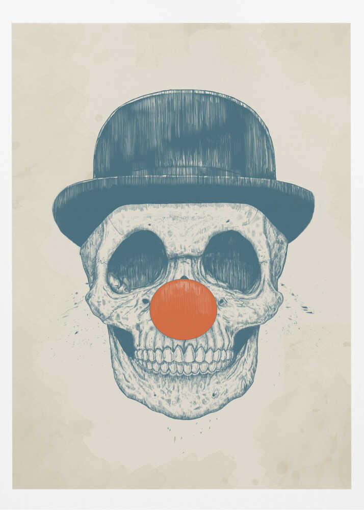 An illustration of a human skull wearing a blue bowler hat and a bright orange clown nose, rendered in a blue sketch style against a cream-colored, textured background. Wall Art