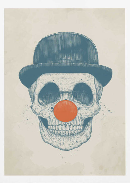 An illustration of a human skull wearing a blue bowler hat and a bright orange clown nose, rendered in a blue sketch style against a cream-colored, textured background. Wall Art