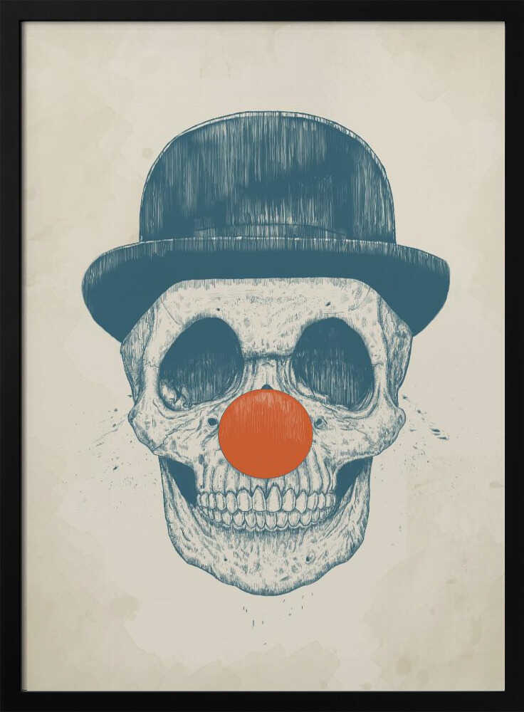 An illustration of a human skull wearing a blue bowler hat and a bright orange clown nose, rendered in a blue sketch style against a cream-colored, textured background. Wall Art