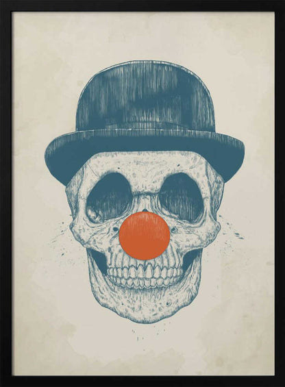 An illustration of a human skull wearing a blue bowler hat and a bright orange clown nose, rendered in a blue sketch style against a cream-colored, textured background. Wall Art