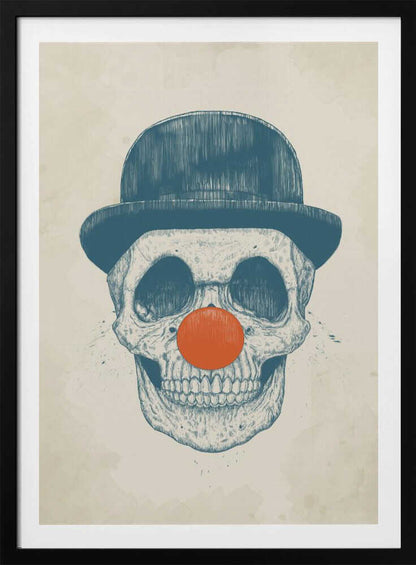 An illustration of a human skull wearing a blue bowler hat and a bright orange clown nose, rendered in a blue sketch style against a cream-colored, textured background. Wall Art