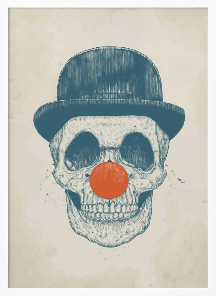 An illustration of a human skull wearing a blue bowler hat and a bright orange clown nose, rendered in a blue sketch style against a cream-colored, textured background. Wall Art
