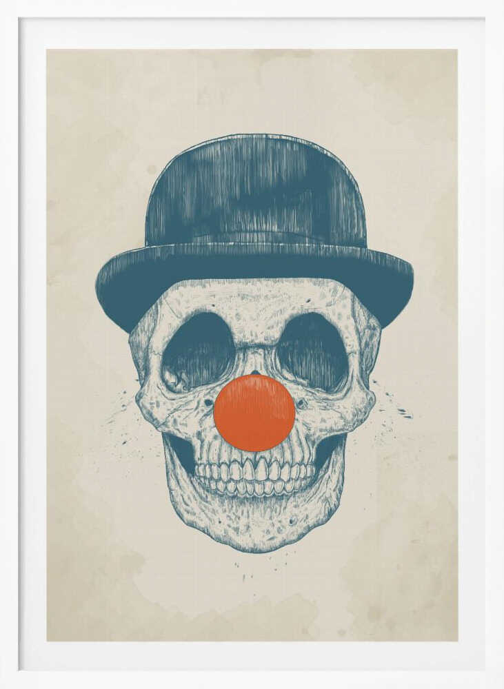 An illustration of a human skull wearing a blue bowler hat and a bright orange clown nose, rendered in a blue sketch style against a cream-colored, textured background. Wall Art