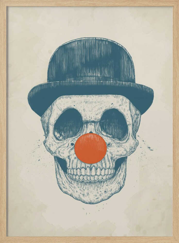 An illustration of a human skull wearing a blue bowler hat and a bright orange clown nose, rendered in a blue sketch style against a cream-colored, textured background. Wall Art