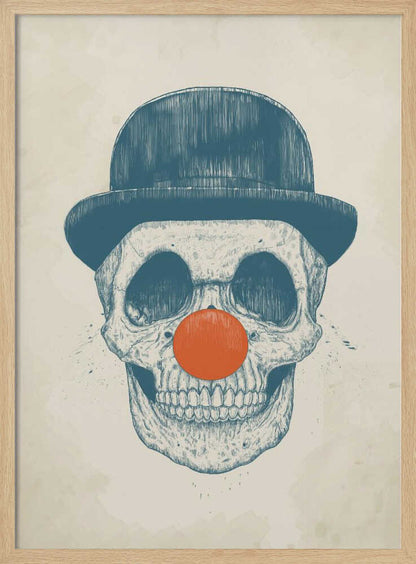 An illustration of a human skull wearing a blue bowler hat and a bright orange clown nose, rendered in a blue sketch style against a cream-colored, textured background. Wall Art