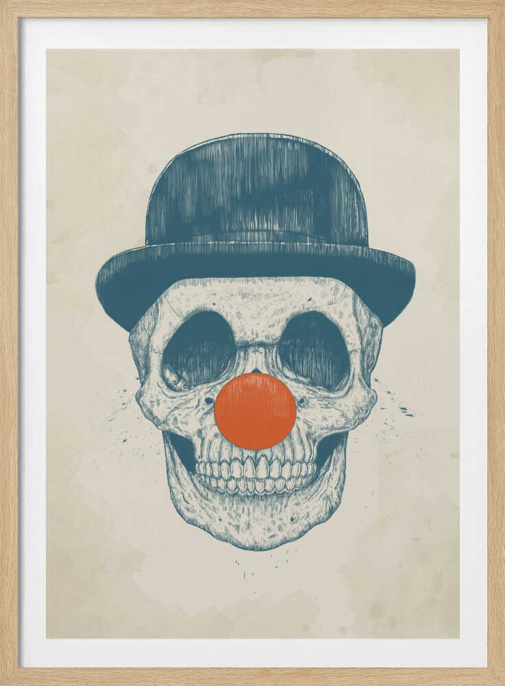 An illustration of a human skull wearing a blue bowler hat and a bright orange clown nose, rendered in a blue sketch style against a cream-colored, textured background. Wall Art