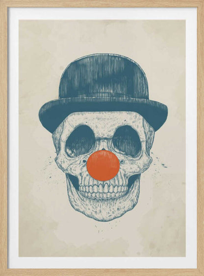 An illustration of a human skull wearing a blue bowler hat and a bright orange clown nose, rendered in a blue sketch style against a cream-colored, textured background. Wall Art