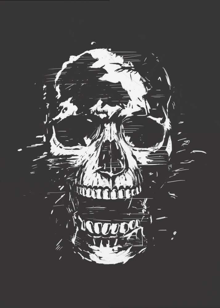 A high-contrast black and white illustration of a human skull with its mouth open. The image is rendered in a rough, distressed, and sketchy style with glitch-like horizontal lines and splatters, all set against a solid black background and enclosed in a thin black frame. Wall Art