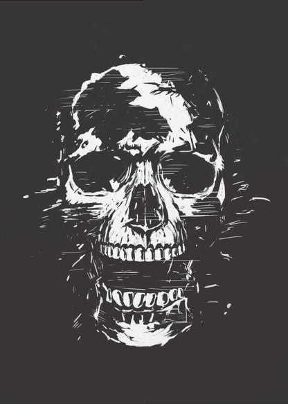 A high-contrast black and white illustration of a human skull with its mouth open. The image is rendered in a rough, distressed, and sketchy style with glitch-like horizontal lines and splatters, all set against a solid black background and enclosed in a thin black frame. Wall Art
