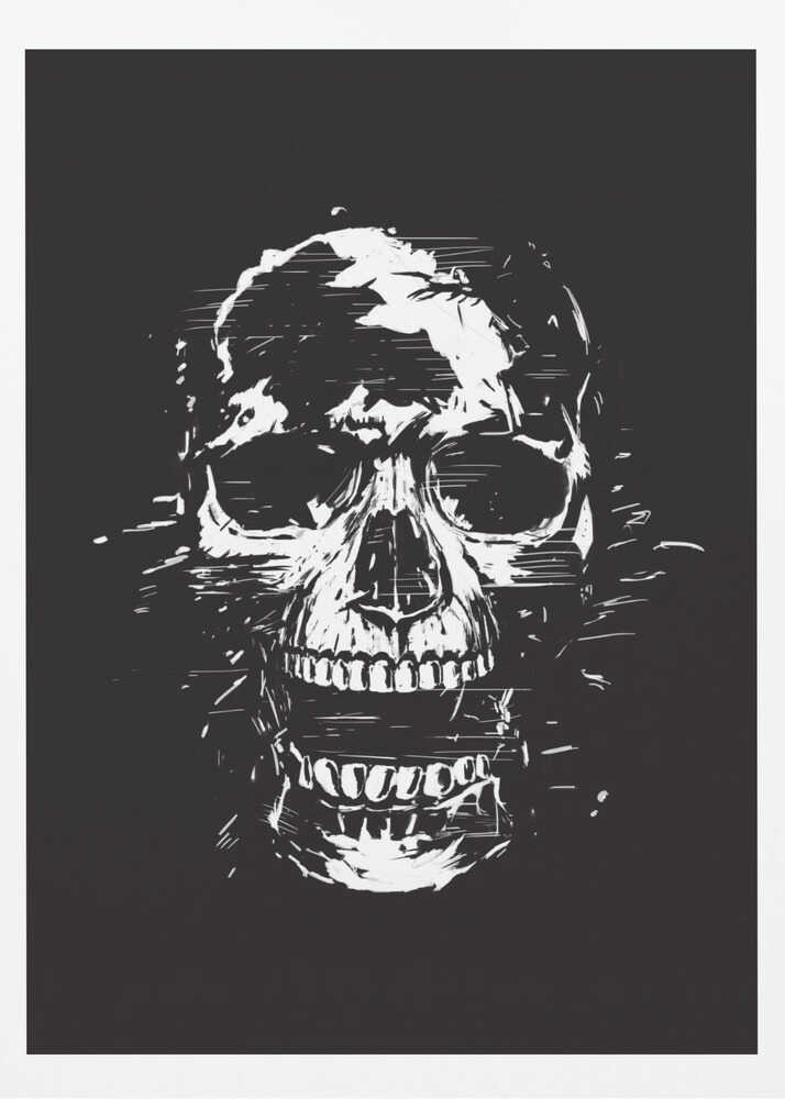 A high-contrast black and white illustration of a human skull with its mouth open. The image is rendered in a rough, distressed, and sketchy style with glitch-like horizontal lines and splatters, all set against a solid black background and enclosed in a thin black frame. Wall Art