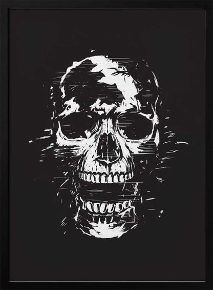A high-contrast black and white illustration of a human skull with its mouth open. The image is rendered in a rough, distressed, and sketchy style with glitch-like horizontal lines and splatters, all set against a solid black background and enclosed in a thin black frame. Wall Art