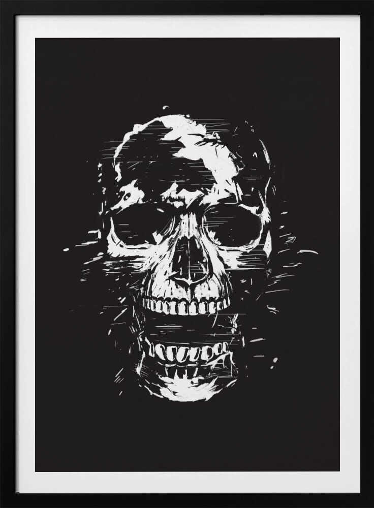 A high-contrast black and white illustration of a human skull with its mouth open. The image is rendered in a rough, distressed, and sketchy style with glitch-like horizontal lines and splatters, all set against a solid black background and enclosed in a thin black frame. Wall Art