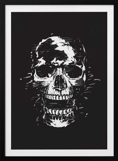 A high-contrast black and white illustration of a human skull with its mouth open. The image is rendered in a rough, distressed, and sketchy style with glitch-like horizontal lines and splatters, all set against a solid black background and enclosed in a thin black frame. Wall Art