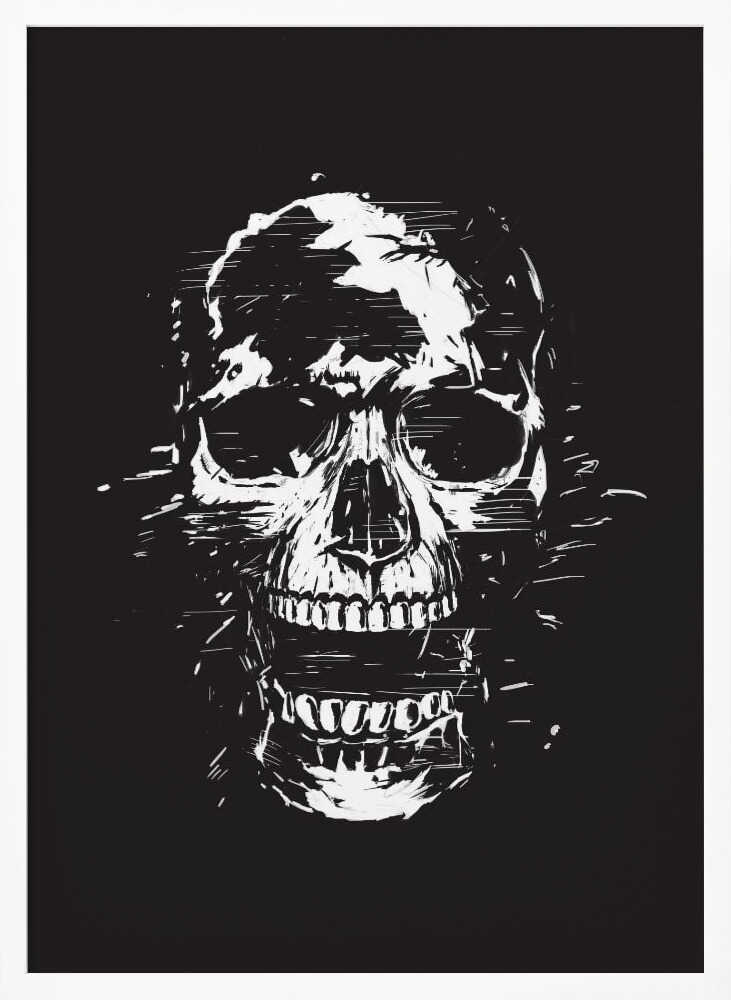 A high-contrast black and white illustration of a human skull with its mouth open. The image is rendered in a rough, distressed, and sketchy style with glitch-like horizontal lines and splatters, all set against a solid black background and enclosed in a thin black frame. Wall Art