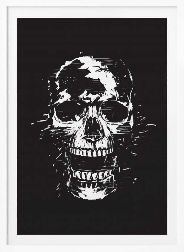 A high-contrast black and white illustration of a human skull with its mouth open. The image is rendered in a rough, distressed, and sketchy style with glitch-like horizontal lines and splatters, all set against a solid black background and enclosed in a thin black frame. Wall Art