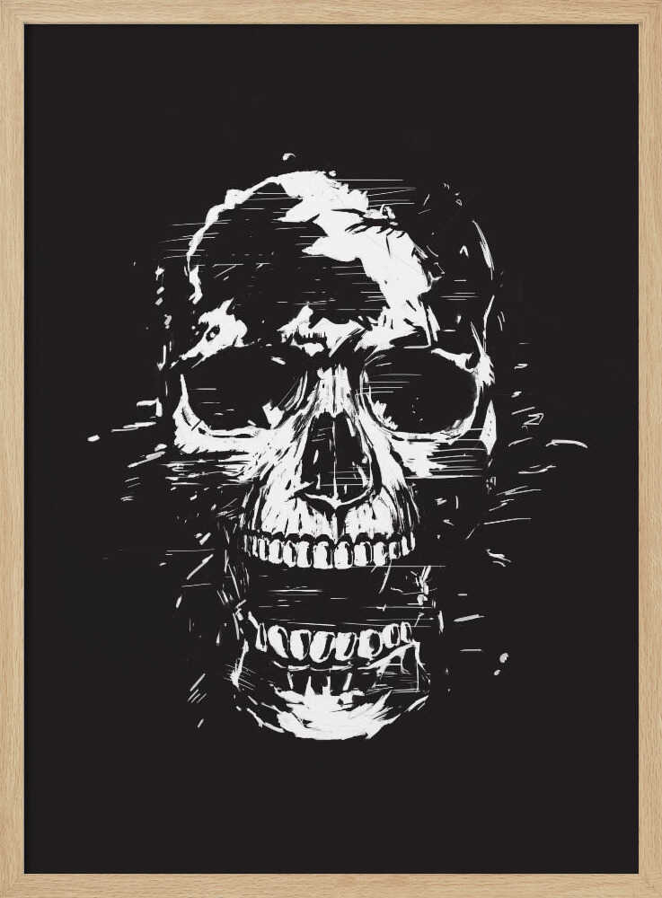 A high-contrast black and white illustration of a human skull with its mouth open. The image is rendered in a rough, distressed, and sketchy style with glitch-like horizontal lines and splatters, all set against a solid black background and enclosed in a thin black frame. Wall Art