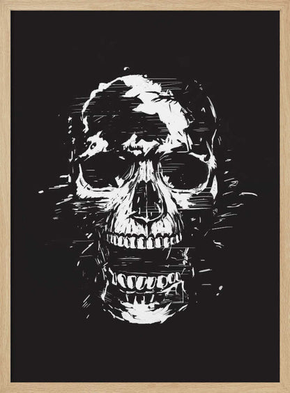 A high-contrast black and white illustration of a human skull with its mouth open. The image is rendered in a rough, distressed, and sketchy style with glitch-like horizontal lines and splatters, all set against a solid black background and enclosed in a thin black frame. Wall Art