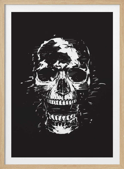 A high-contrast black and white illustration of a human skull with its mouth open. The image is rendered in a rough, distressed, and sketchy style with glitch-like horizontal lines and splatters, all set against a solid black background and enclosed in a thin black frame. Wall Art