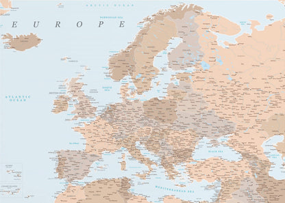 A detailed political map of Europe with countries and cities labeled, presented in a muted color palette of beige and brown for land and light blue for water, all within a light gray frame. Decor