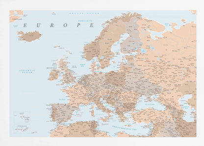 A detailed political map of Europe with countries and cities labeled, presented in a muted color palette of beige and brown for land and light blue for water, all within a light gray frame. Decor