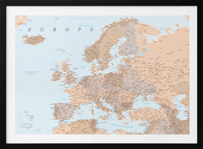 A detailed political map of Europe with countries and cities labeled, presented in a muted color palette of beige and brown for land and light blue for water, all within a light gray frame. Decor