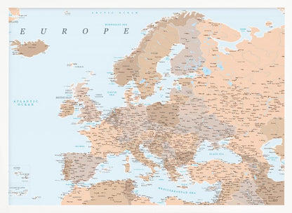 A detailed political map of Europe with countries and cities labeled, presented in a muted color palette of beige and brown for land and light blue for water, all within a light gray frame. Decor