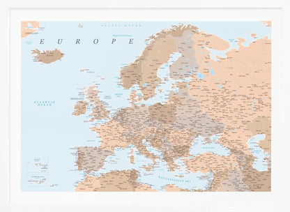 A detailed political map of Europe with countries and cities labeled, presented in a muted color palette of beige and brown for land and light blue for water, all within a light gray frame. Decor