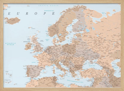 A detailed political map of Europe with countries and cities labeled, presented in a muted color palette of beige and brown for land and light blue for water, all within a light gray frame. Decor