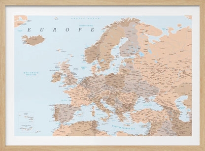 A detailed political map of Europe with countries and cities labeled, presented in a muted color palette of beige and brown for land and light blue for water, all within a light gray frame. Decor