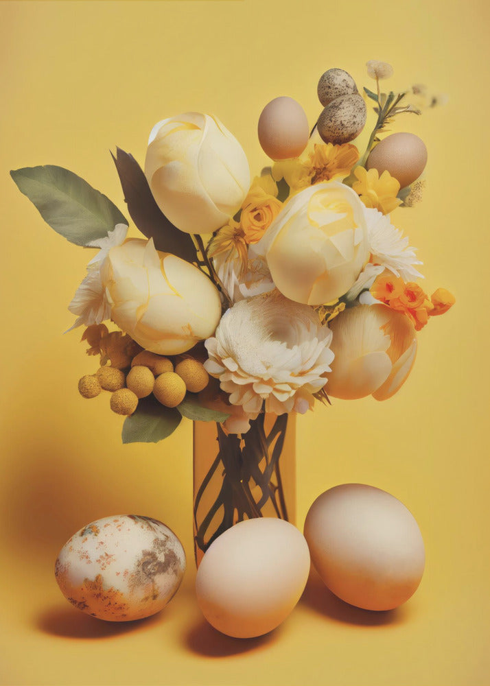 A still life composition featuring a bouquet of pale yellow and white flowers, including tulips and ranunculus, against a bright yellow background. Several plain and speckled eggs are artfully arranged within the bouquet and on the surface in front of the vase, creating a strong Easter or spring theme. Poster