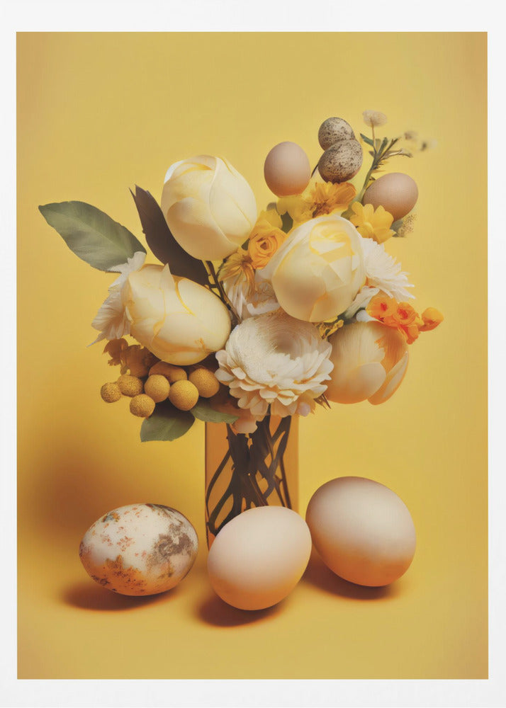 A still life composition featuring a bouquet of pale yellow and white flowers, including tulips and ranunculus, against a bright yellow background. Several plain and speckled eggs are artfully arranged within the bouquet and on the surface in front of the vase, creating a strong Easter or spring theme. Poster